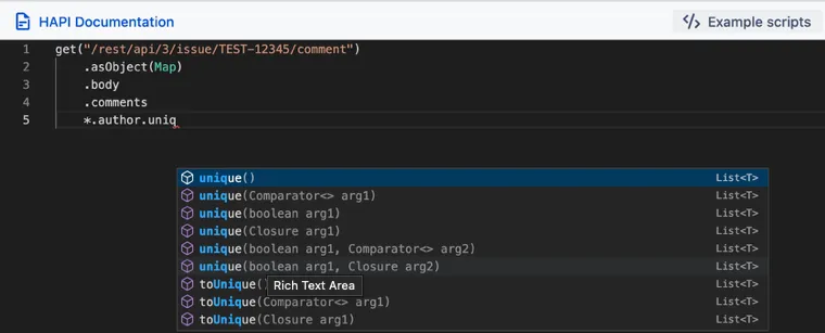 Autocomplete suggestions for the unique() method showing how to return a list of distinct comment authors.