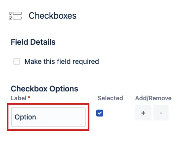 Form builder interface showing the first checkbox option labeled Option selected for editing.