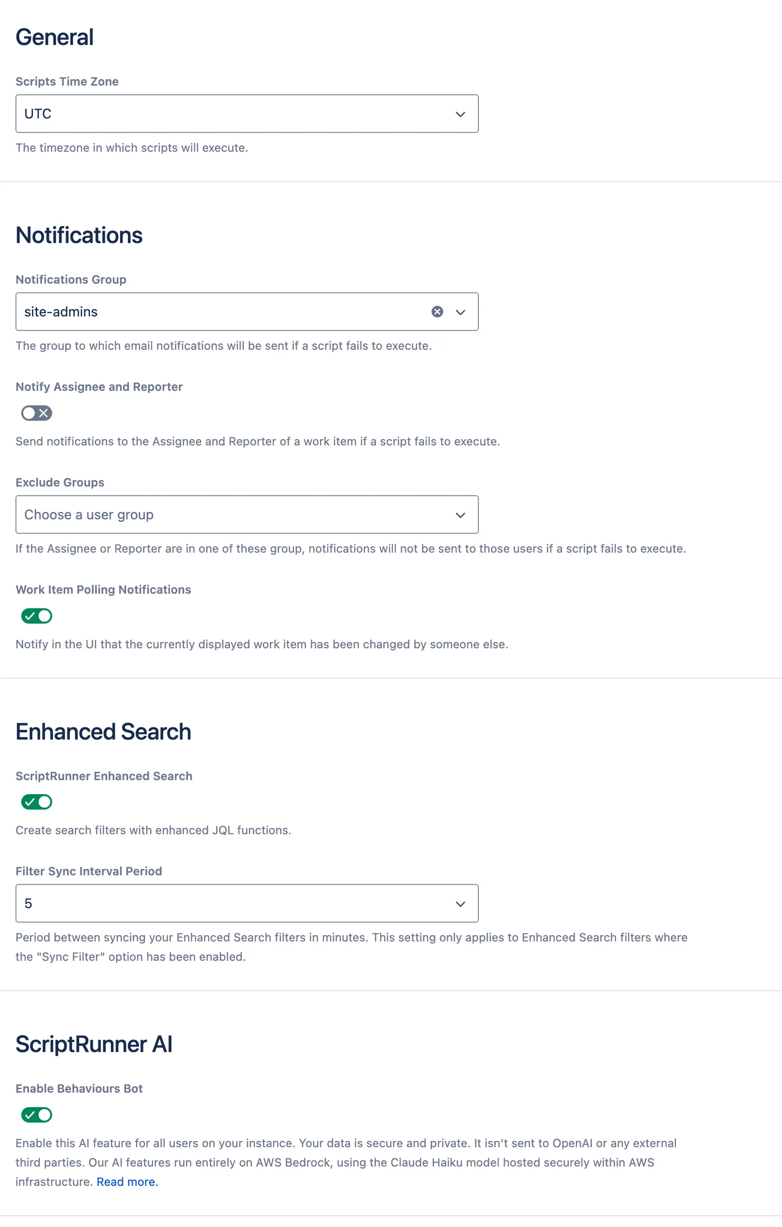 Screenshot of the ScriptRunner settings page.