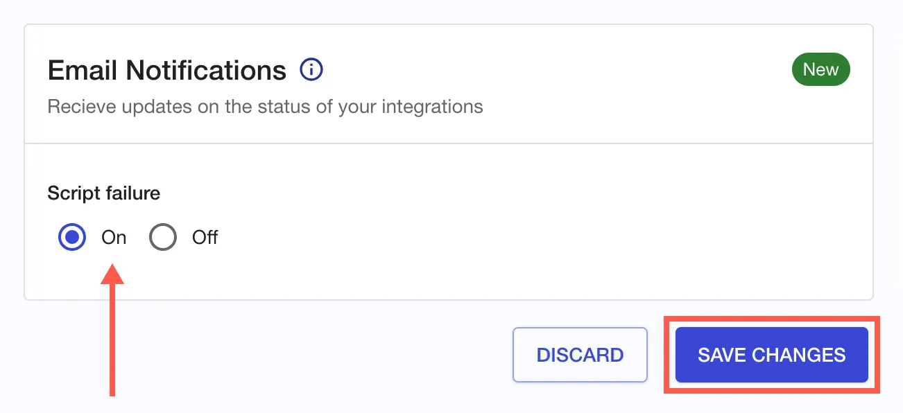 The Email Notifications in the SRC app shown, with the Script Failure toggle option and the Save Changes button highlighted.
