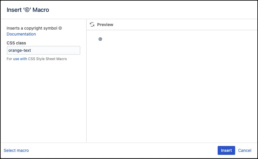 CSS editor showing the Copyright macro with the CSS Class field set to orange-text