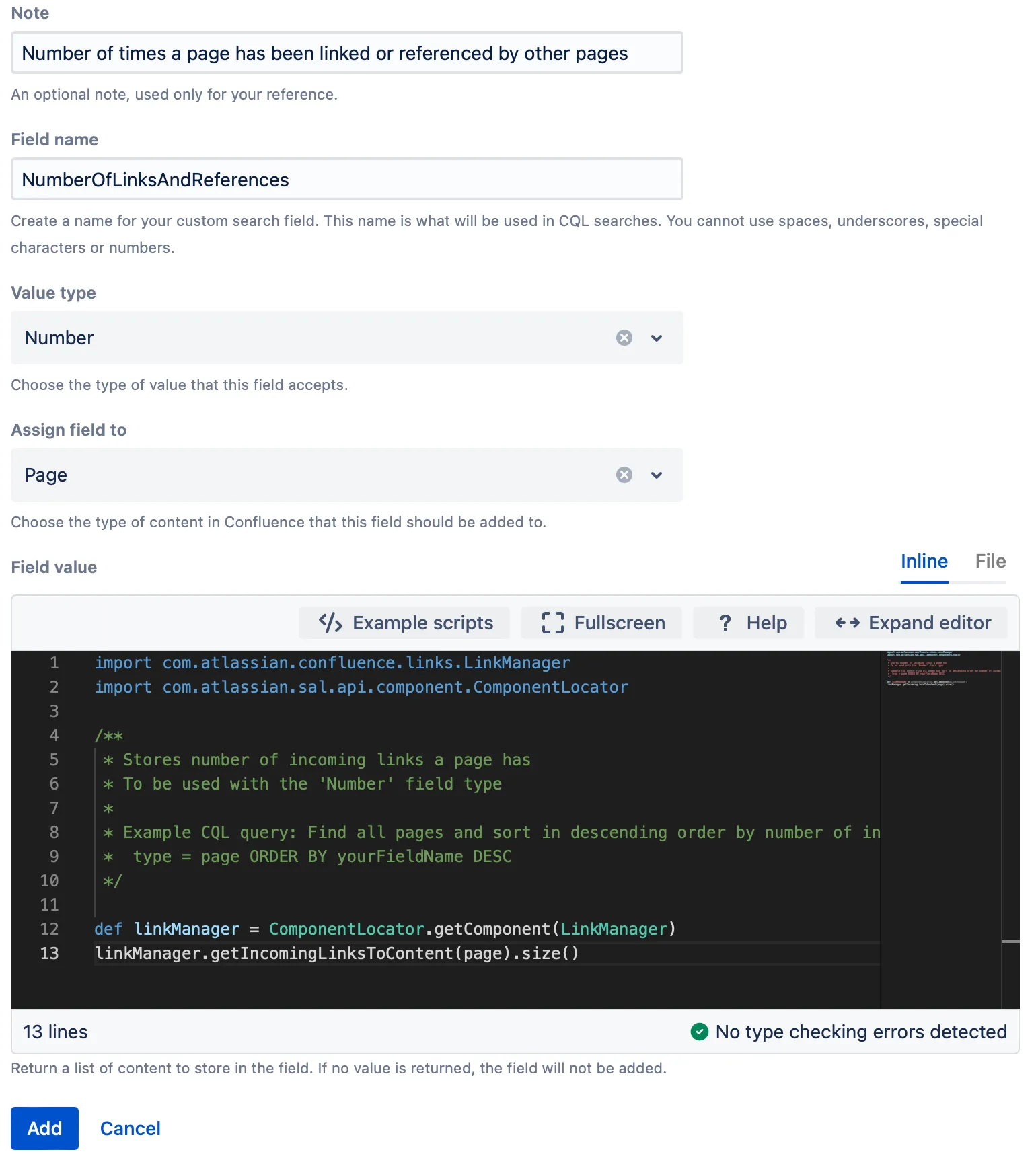 A Create Custom Search Field form with example configuration.