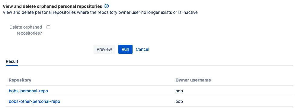 Example list of orphaned personal repositories for deleted users in Bitbucket