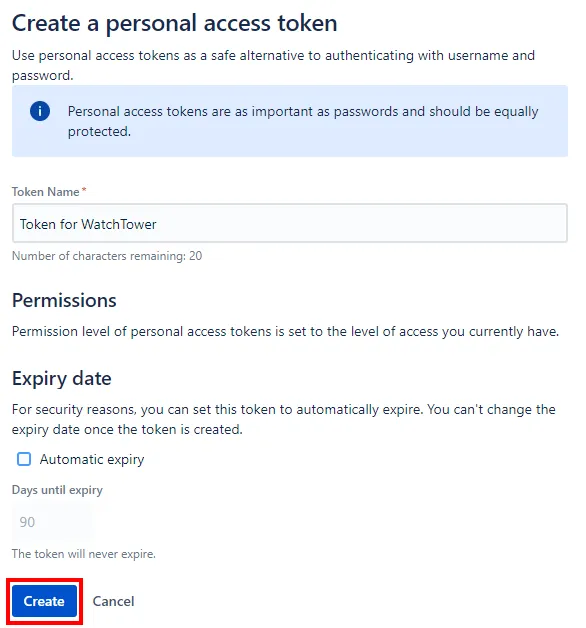 Image of the Create button highlighted on the Create a personal access token screen
