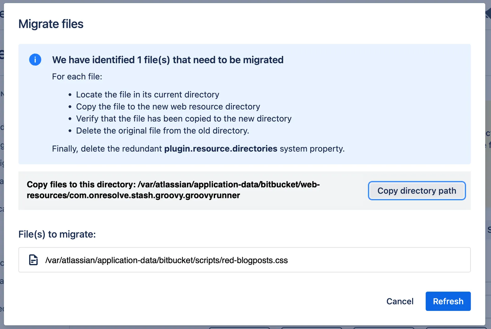 ScriptRunner file migration dialog listing files to move to the new web resource directory