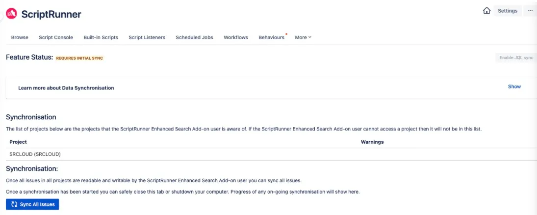 JQL Keywords Sync page showing the Sync All Issues button in ScriptRunner for Jira