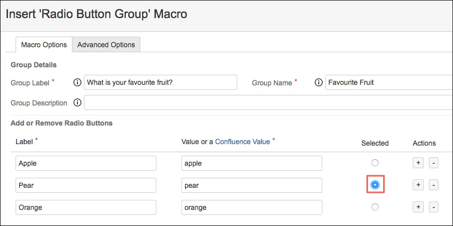Radio Button Group macro configuration showing the Selected column with one option set as the default