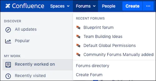 The Forums menu in the Confluence top ribbon.