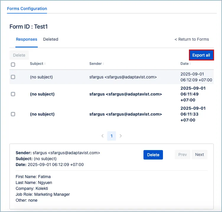 Export All button highlighted in the Forms for Confluence responses tab