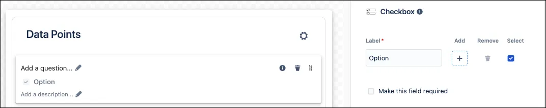 Checkbox field configuration options in the Form Builder, showing title, labels, descriptions, and controls to add, remove, or preselect checkbox options.