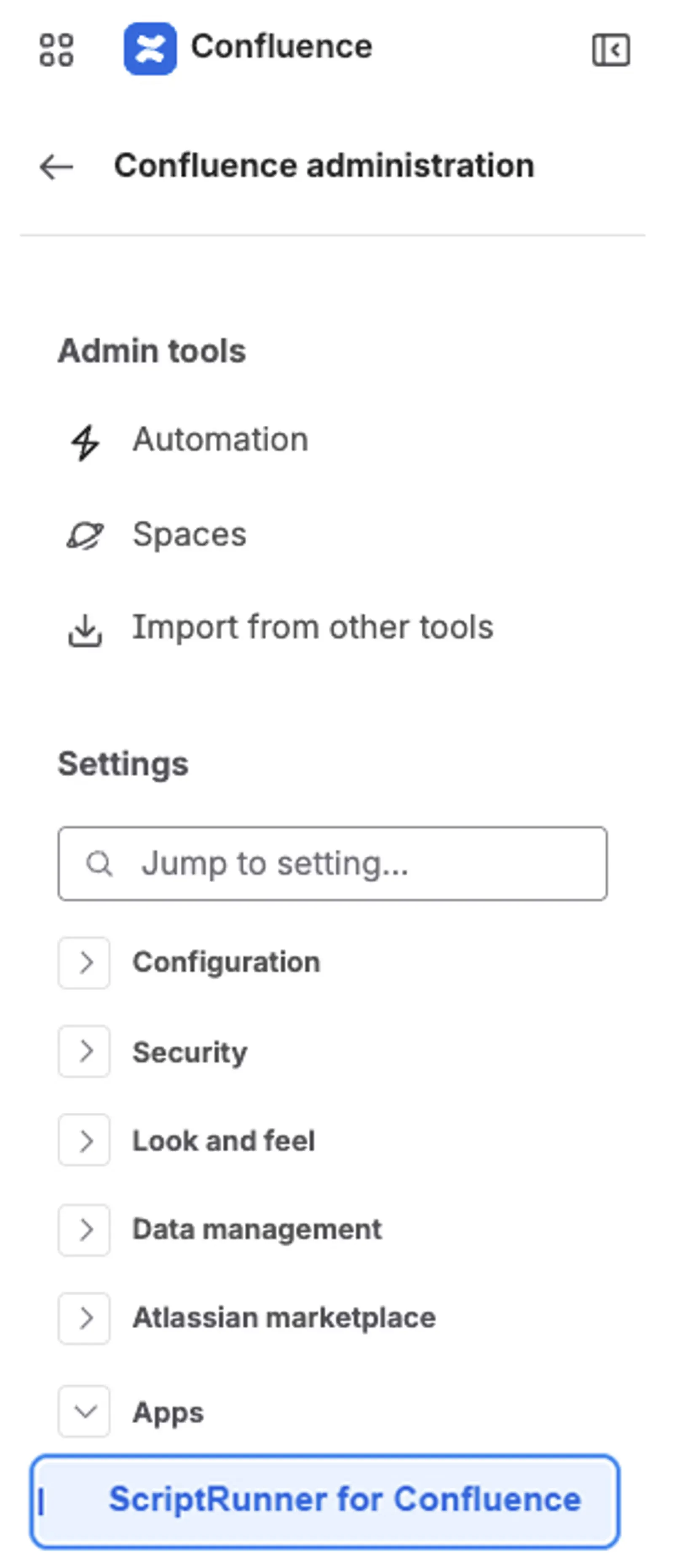 ScriptRunner for Confluence access shown in the Confluence Administration options.