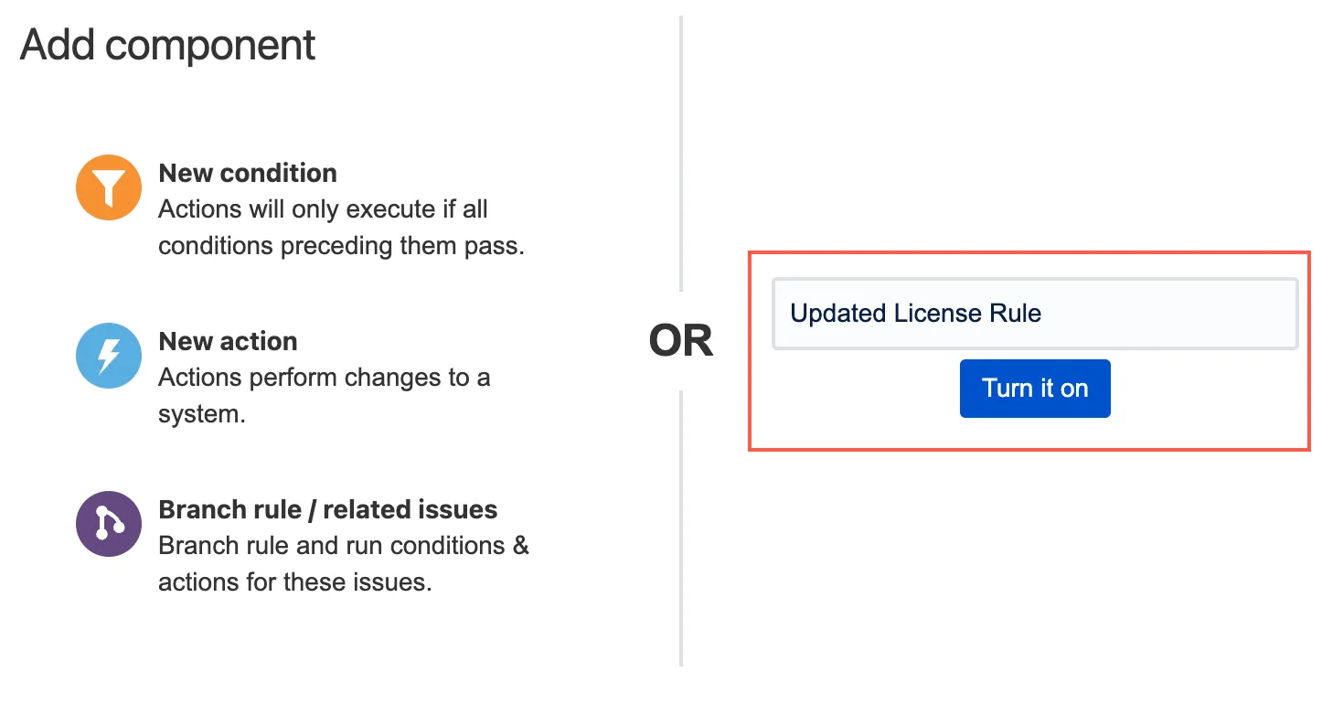 Automation for Jira rule details showing the Updated License Rule automation named and turned on
