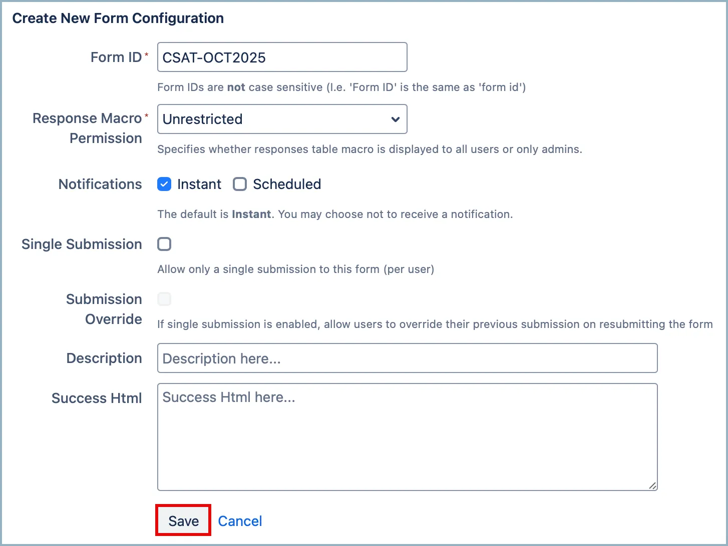 Form configuration page with the Save button highlighted
