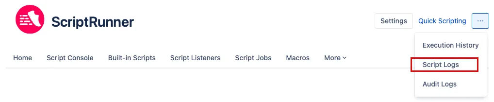 The Script Logs option, highlighted in the Settings section of the ScriptRunner menu.