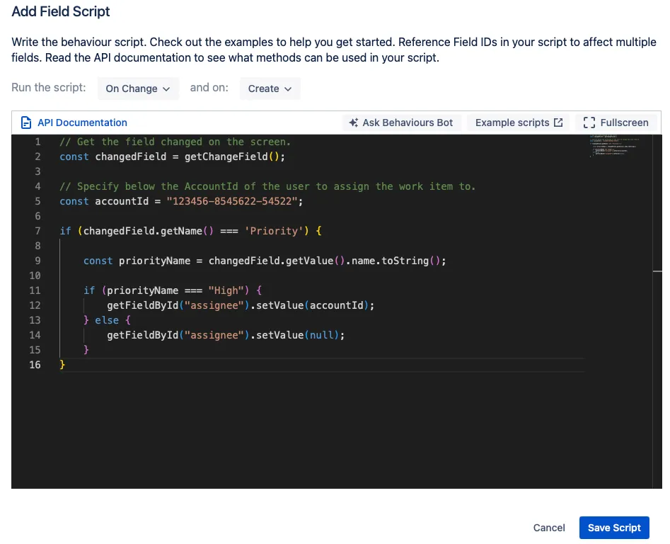 Script editor showing the pasted "Set the assignee field when the priority is set to High" example script code.