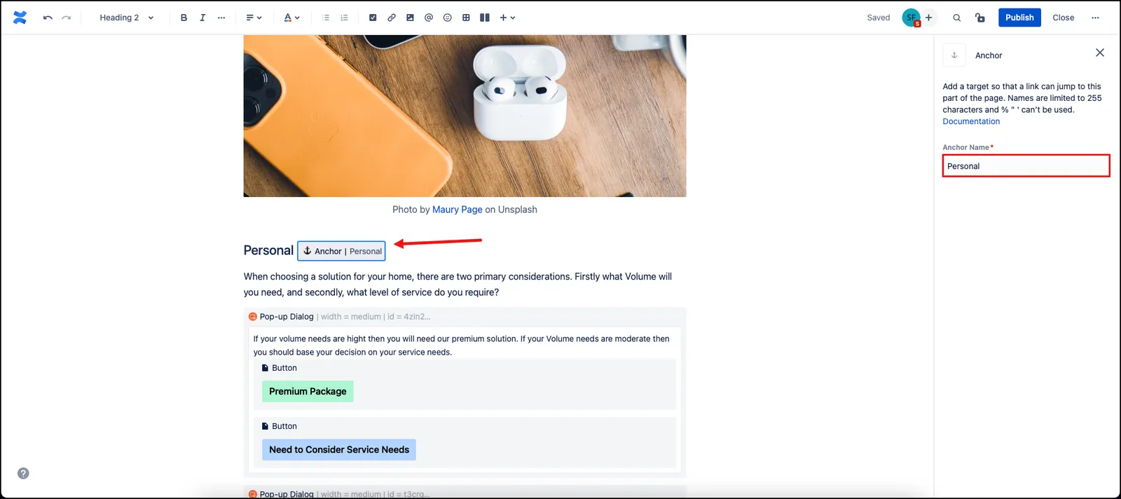 Confluence anchor macro dialog showing a named anchor example called "Personal"