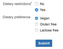Form where selecting Yes shows the Dietary Preferences field