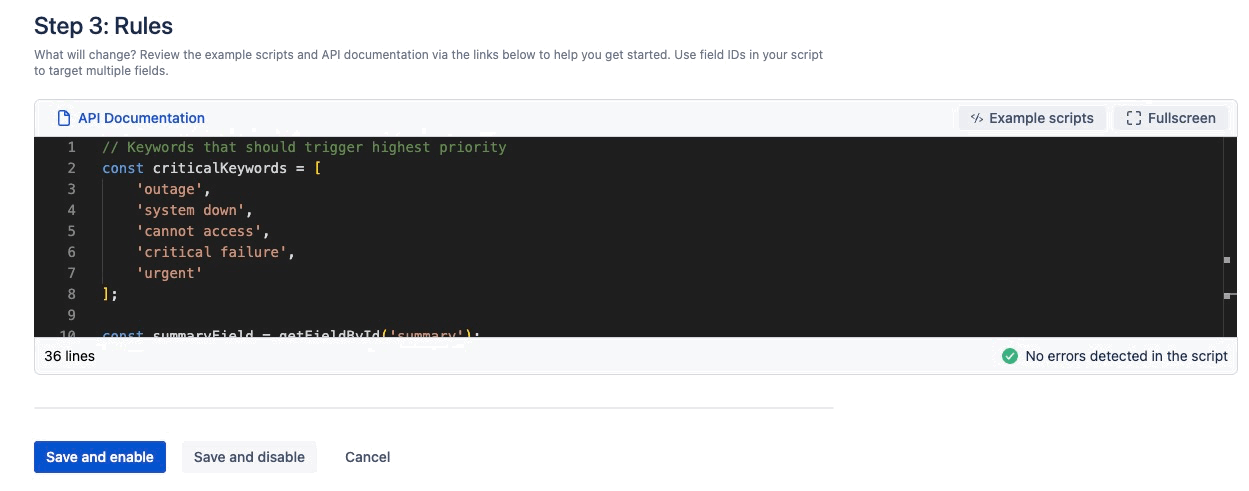 Example of the behaviour script pasted into the Step 3: Rules script editor