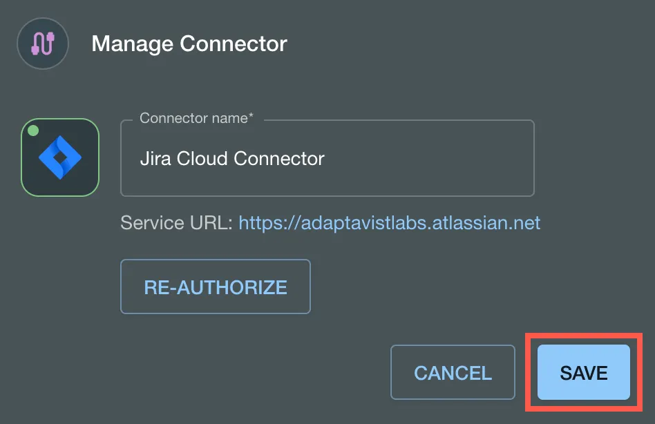 The Save button highlighted in the Manage Connector dialog.