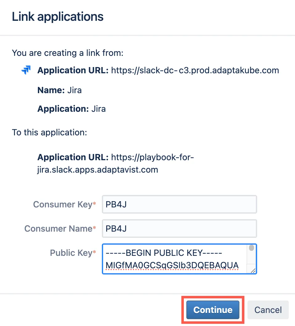 Link applications screen with Key settings entered.