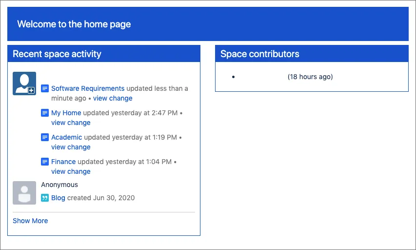 A rendered example of the Space Home Page template.