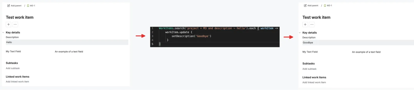 Example of using a JQL query to bulk update the description field for multiple work items.