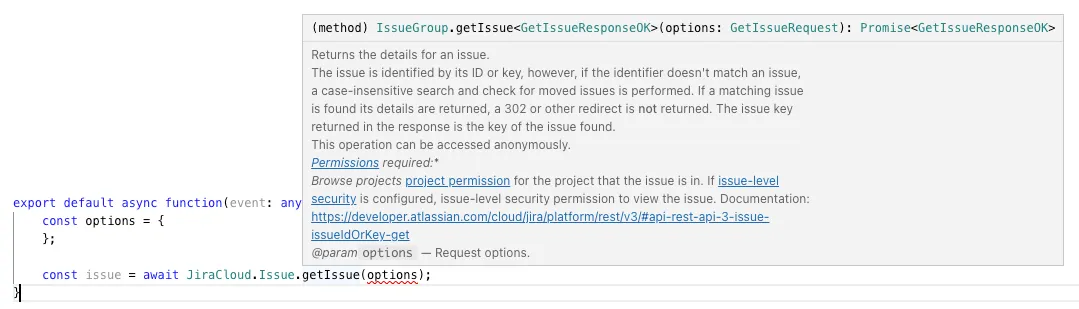 Code snippet showing asynchronous JavaScript function for fetching issue details using Jira API. Includes comments and a link to documentation.