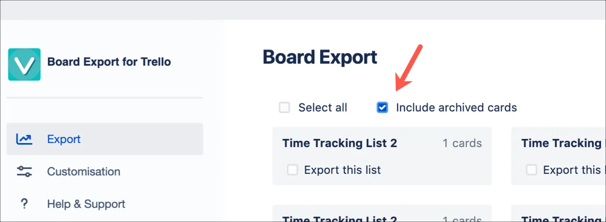 Export settings dialog showing the Include archived cards checkbox selected