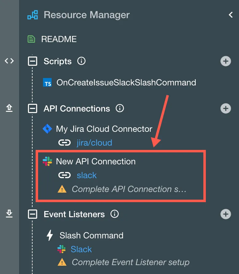 The New API Connection highlighted in the Resource Manager.