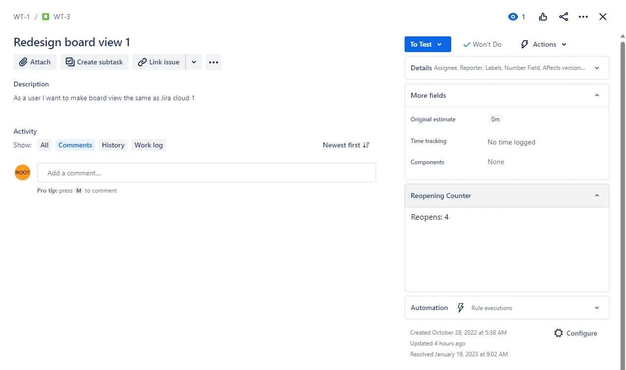Issue view showing the reopening count field that displays how many times a ticket has been reopened