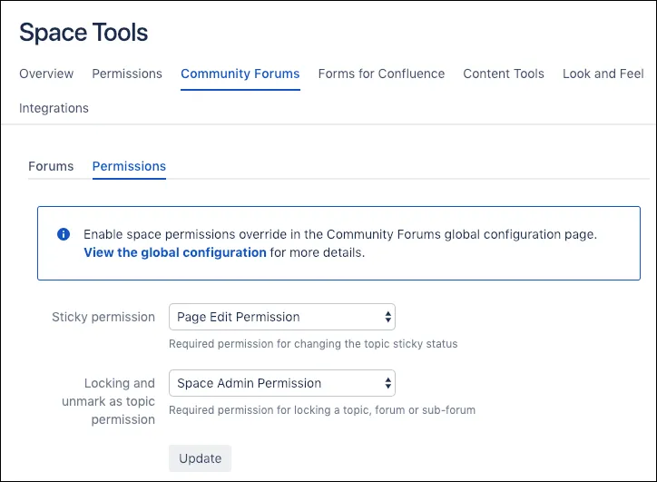 Confluence space permissions tab showing configurable forum permission levels and the Update button.
