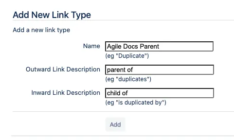 Add New Link Type dialog with fields for configuring a custom issue link type