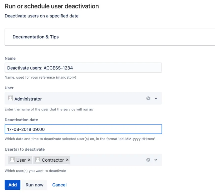 Example configuration for a scheduled job to deactivate User accounts in Bitbucket