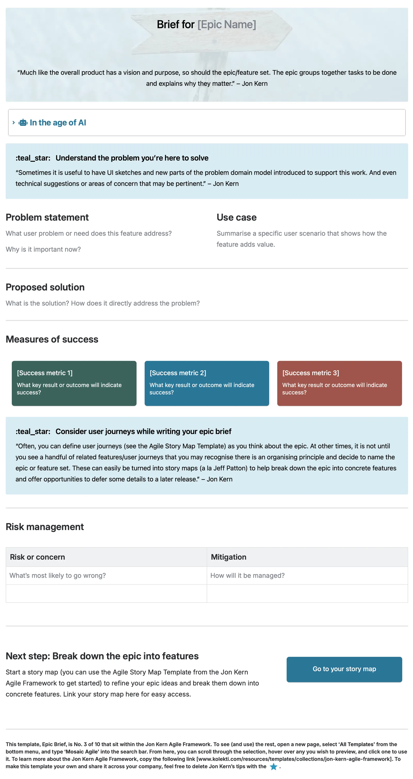Published Agile epic brief template