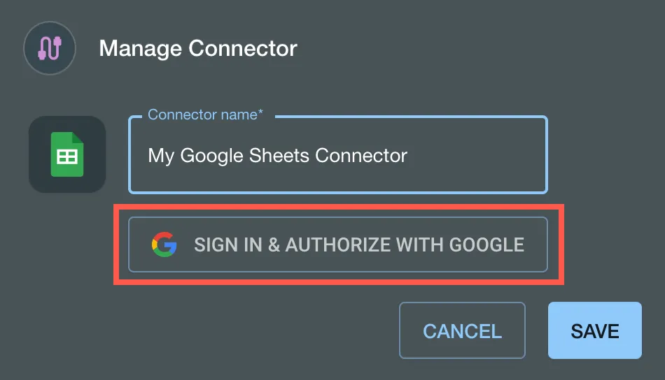 The Sign In & Authorize With Google button shown in the Manage Connecor dialog.