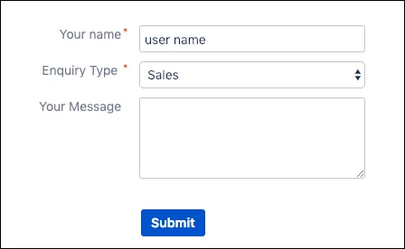 Example customer inquiry form with fields for user details and a destination list to route the email to the appropriate department