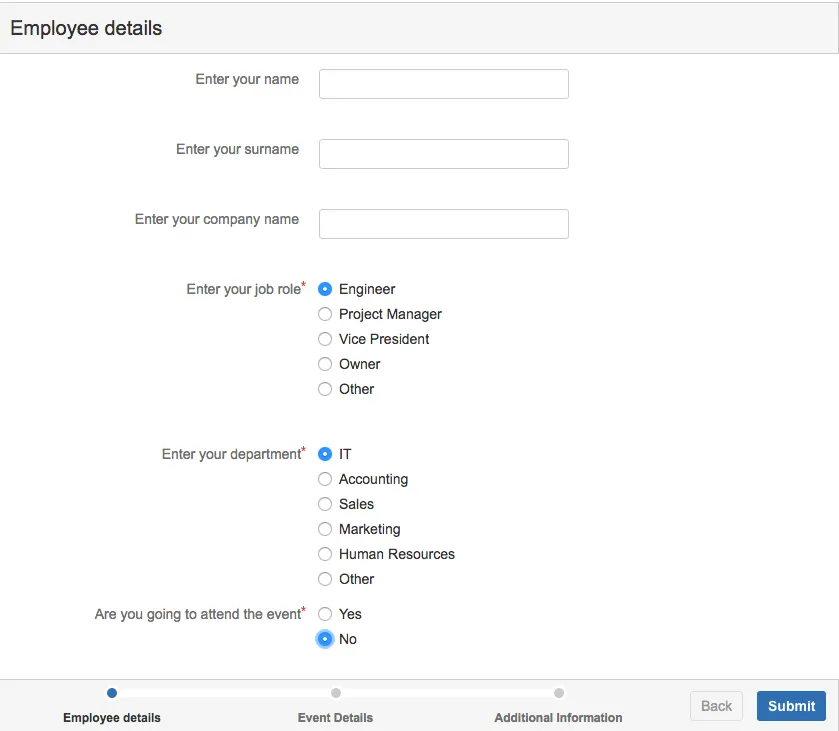 Form page showing the question “Are you going to attend the event required?” with the Next button changed to Submit after the user selects No