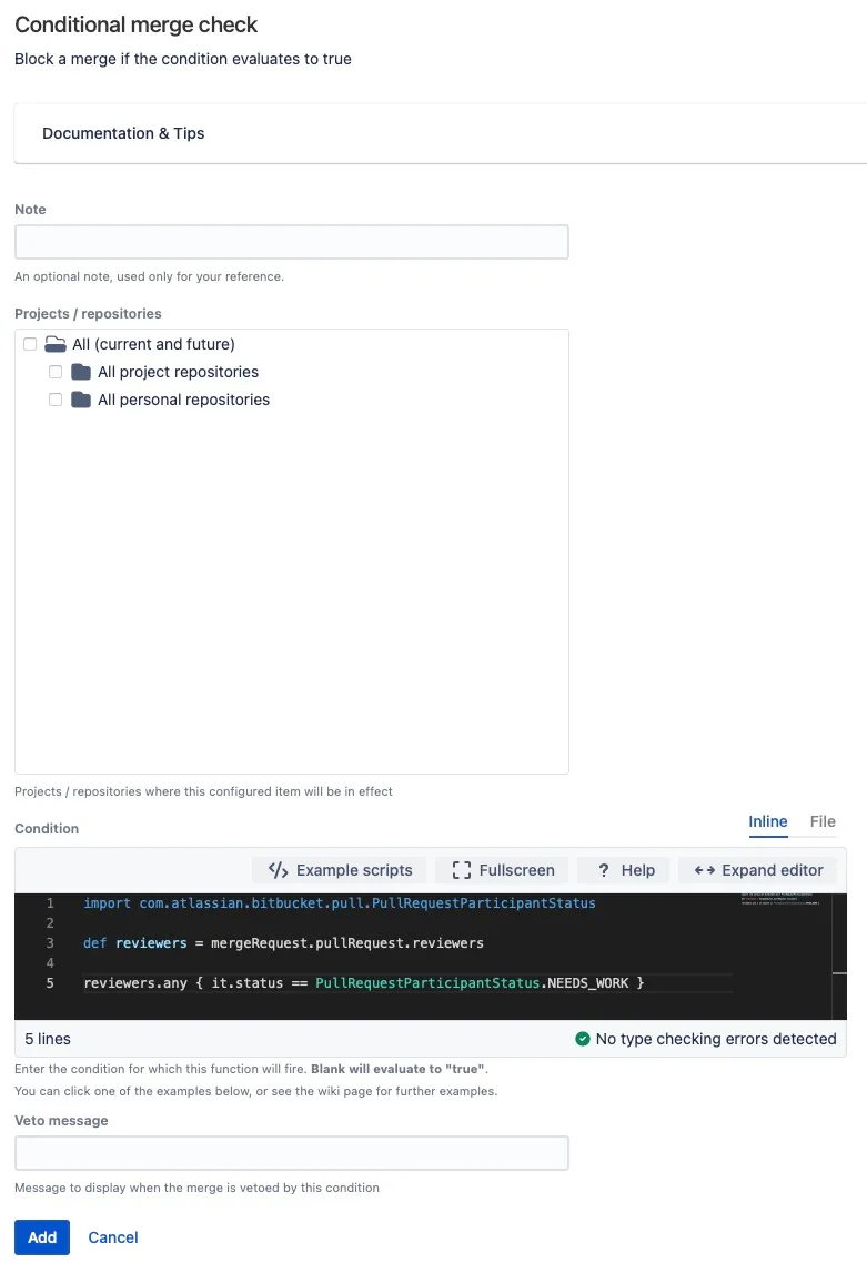 Example of a merge check where a reviewer has marked it as needing more work, blocking the merge