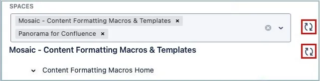 Overview page showing multiple spaces with a refresh icon next to each space.
