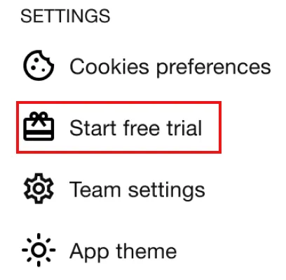 The Start free trial button in the app.