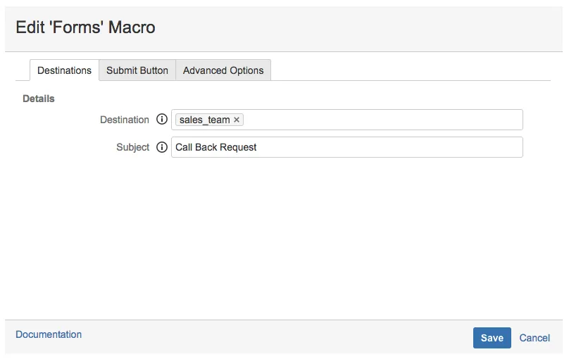 Forms macro configuration showing the Subject field set to "Call Back Request"