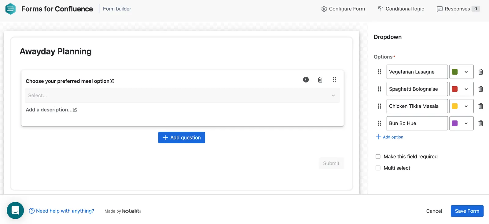Form builder dropdown configuration panel showing title, labels, color, description, list options, multi-select, and required field settings
