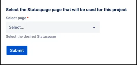 Jira project settings showing the Statuspage dropdown with a selected page