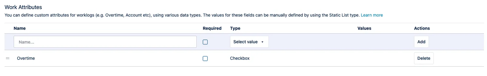 Tempo worklog attribute configuration screen showing the Overtime checkbox attribute settings