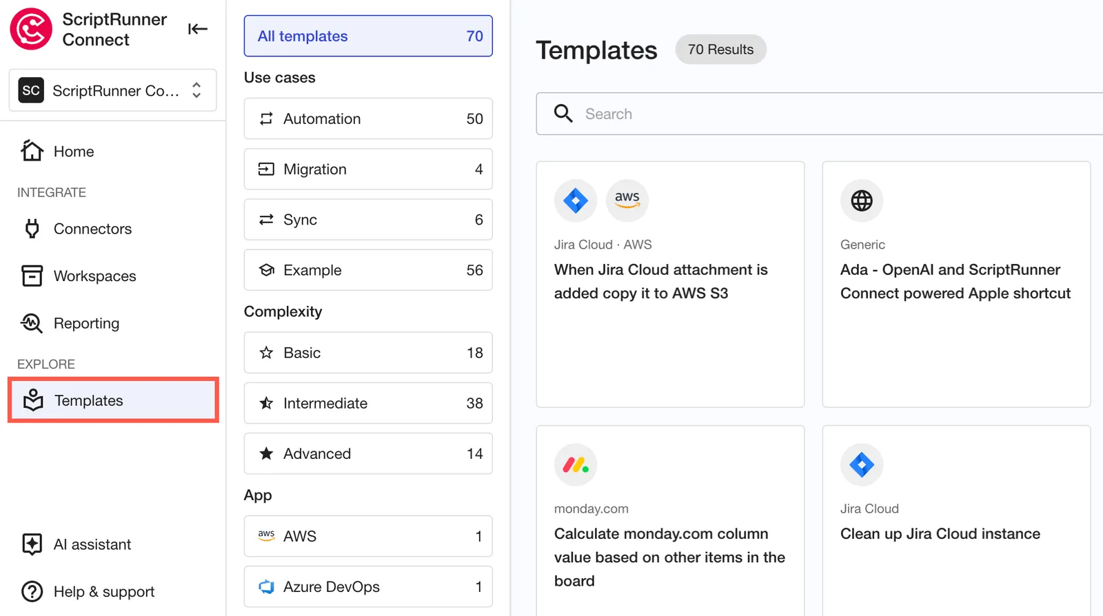 The Templates option shown in the ScriptRunner Connect menu.