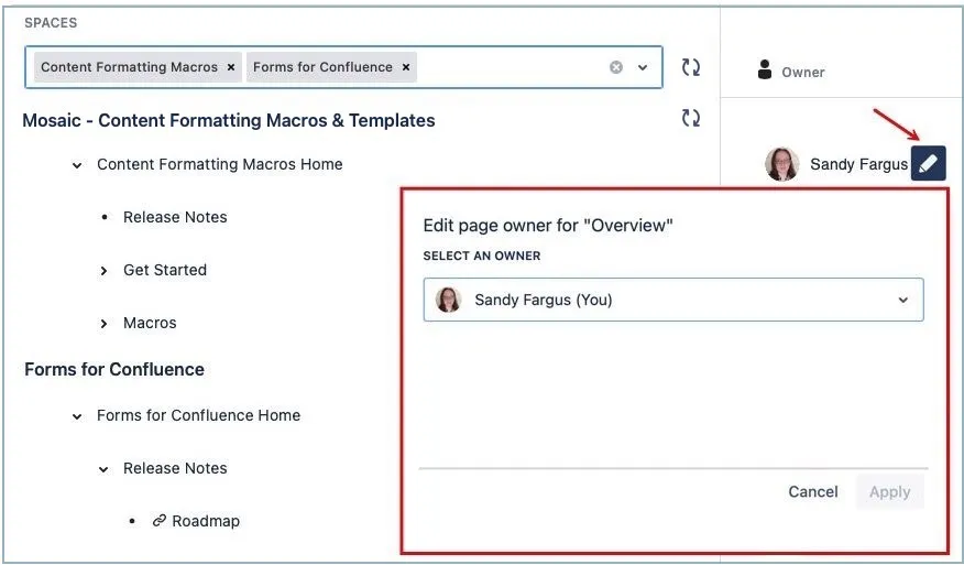 Owner column with edit icon highlighted for updating the page owner