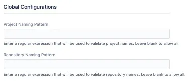 Global Configurations page showing fields to define regular expressions for project and repository naming standards.