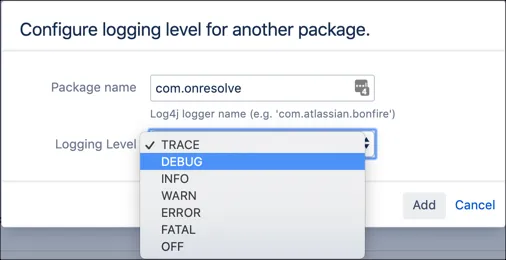 Administration screen showing the Default Loggers section with the com.onresolve package set to DEBUG level