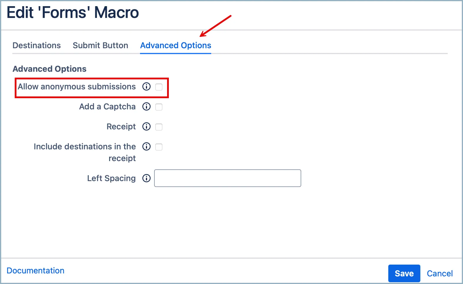 Forms macro settings panel with the "Allow anonymous submission" option highlighted
