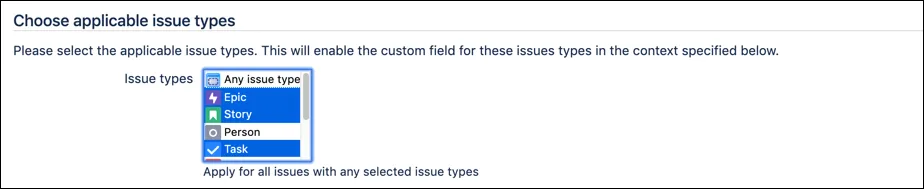 Issue type selection screen with Epic, Story, Task, and Sub-Task selected